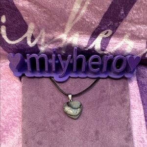 Black Slate Polished Stone Crystal Heart Pendant with Faux Leather Necklace